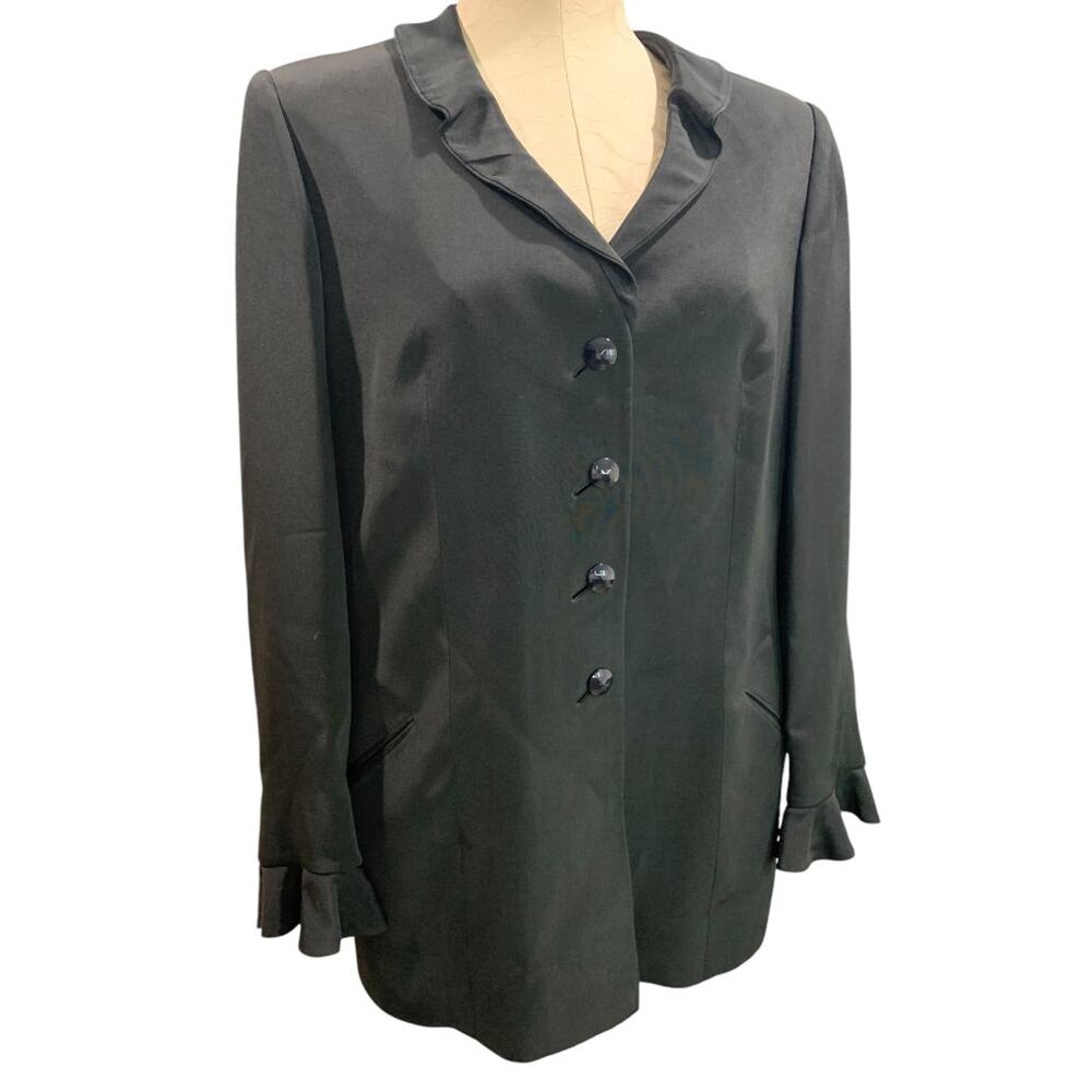 Size 14 Womens Lined Black Satin Jacket Blazer Ruffle Sleeve Hem